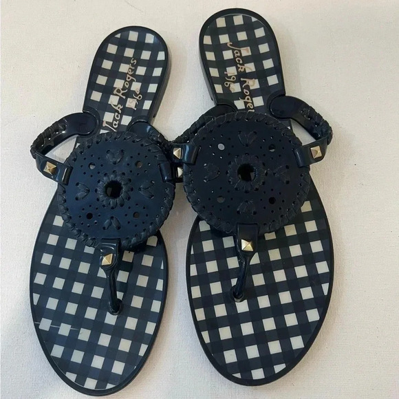 Women's 9 Jack Rogers Georgica Thong Jelly Sandals Navy Blue Gingham White - Picture 2 of 5